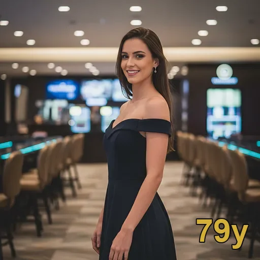 Modelo sorridente em ambiente de cassino no site 79y