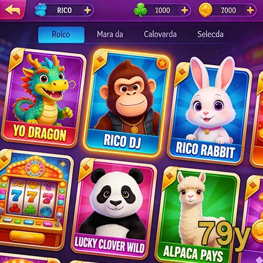 Interface do app 79y com slots como Yo Dragon e Lucky Clover Wild.