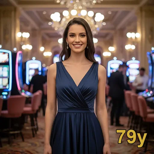 Modelo no cassino ao vivo 79y com máquinas de jogos ao fundo.