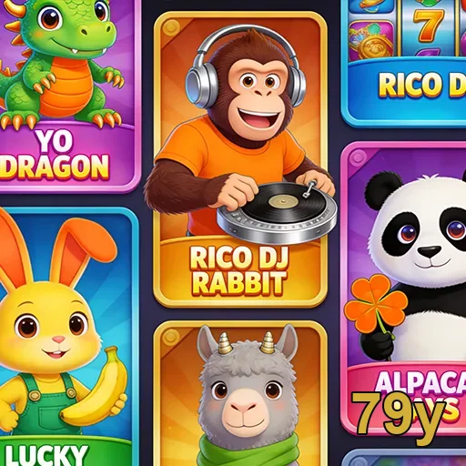 Tela da 79y mostrando personagens de slots animados.