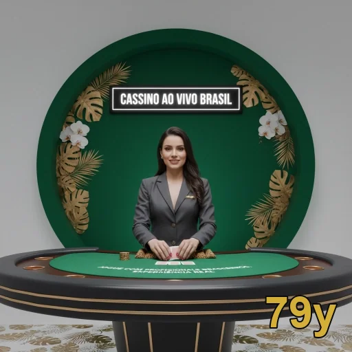 Dealer ao vivo no cassino Brasil destacando segurança em 79y.