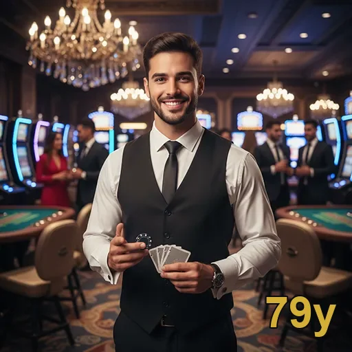 Dealer sorridente na 79y, destacando serviços VIP em cassino.