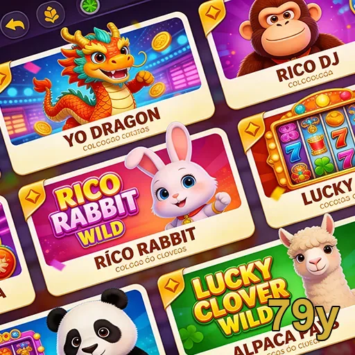Interface de jogos de cassino ao vivo da 79y com mascotes animados.