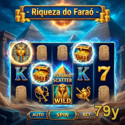 Tela do jogo 'Riqueza do Faraó' da 79y com ícones vibrantes.