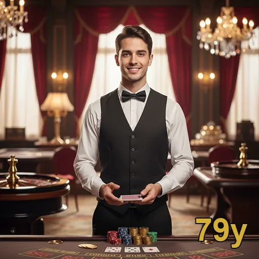 Dealer sorridente em cassino do site 79y, pronto para atender.