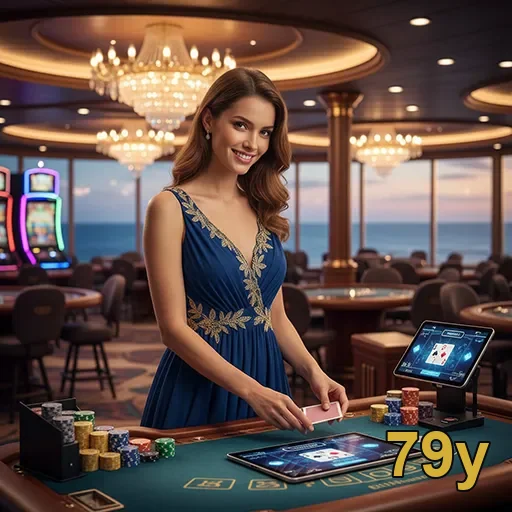 Jogadora no cassino da 79y em ambiente luxuoso com mesas.