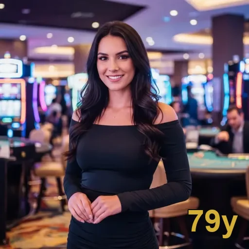 Assistente em cassino ao vivo da 79y apresenta slots.