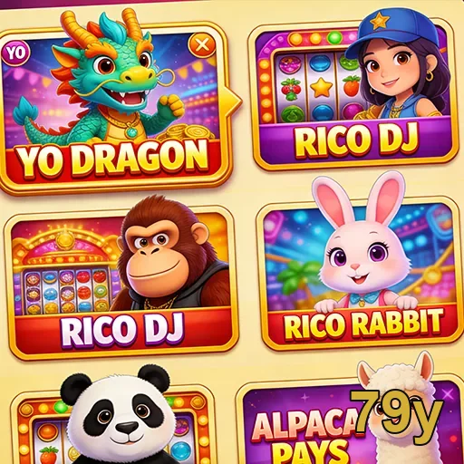 Interface de jogos do cassino 79y com Yo Dragon e Rico Rabbit.